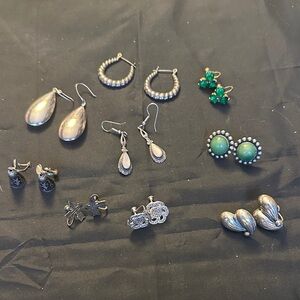 Vintage Sterling Silver Earrings Lot – 9 Pairs – Hoops Dangle Studs – 54g